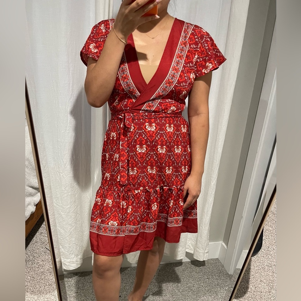 Red printed wrap dress